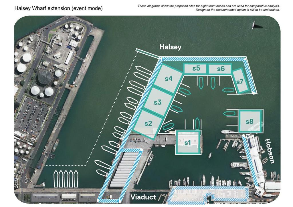 America’s Cup team base option Halsey Street extension - forming a team basin. The option favoured by Emirates Team NZ. The Media Centre would be housed in the Viaduct Events Centre in the lower left of the image. © Auckland Council http://www.aucklandcouncil.govt.nz